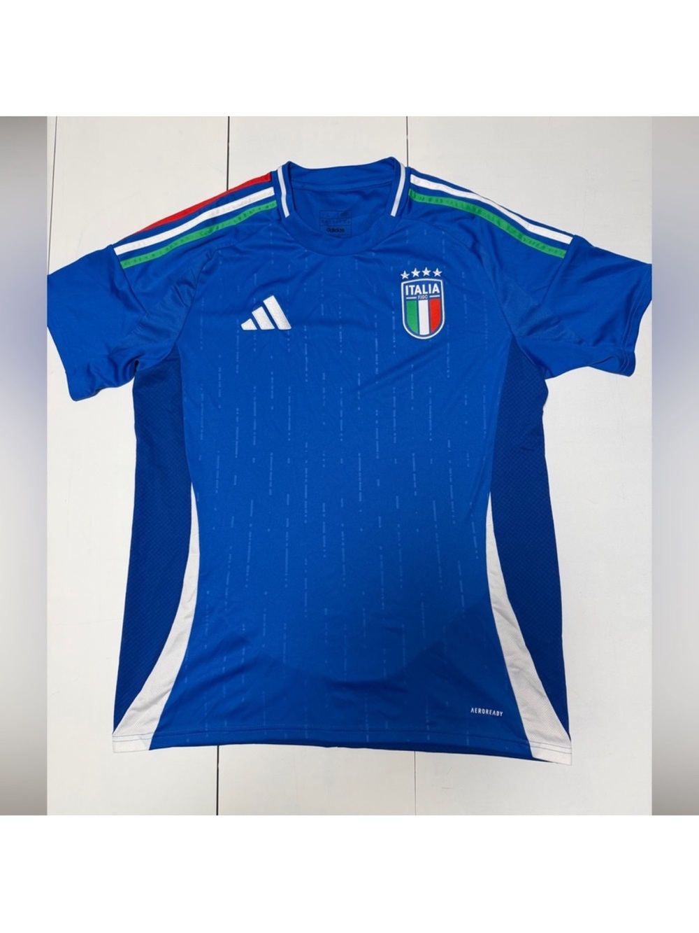 adidas Blue Italy Men's Soccer Jersey with Tricolor Shoulder Stripes